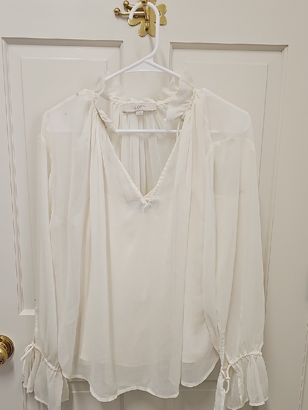 LOFT Ivory Lightweight Sheer V-Neck Peasant Blouse